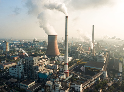 Wuhan, China – July 24, 2023: An aerial view of Wuhan Qingshan Thermal Power Station in the Morning Light