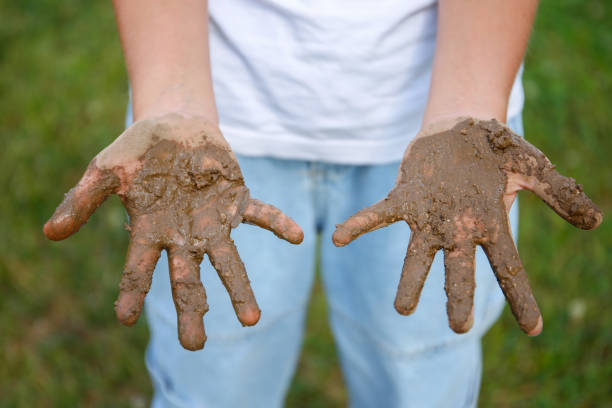 istock The child shows his hands in the dirt. 1650114878