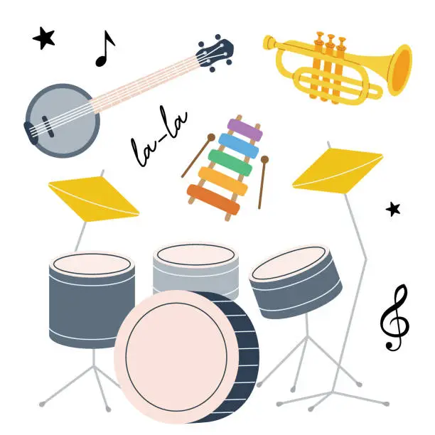 Vector illustration of Musical instruments collection. American banjo, wooden xylophone toys, drum kit, tuba, trumpet. Vector illustration.