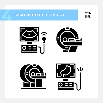 Medical imaging technology pixel perfect black glyph icons set on white space. Hospital equipment. Clinical diagnostic. Silhouette symbols. Solid pictogram pack. Vector isolated illustration