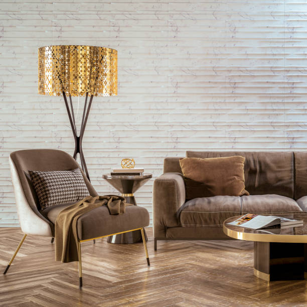 istock Living room furnishings: modern sofa set with a sophisticated floor lamp (Part) - 3D visualization 1650115423