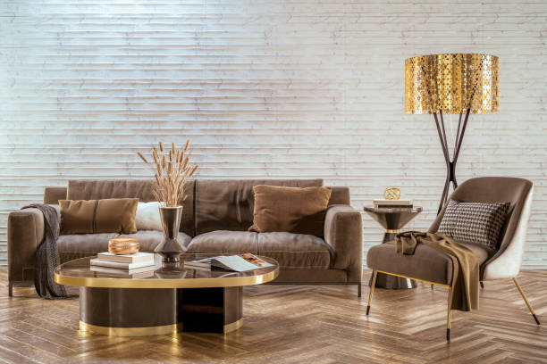 Living room furnishings: modern sofa set with a sophisticated floor lamp - 3D visualization