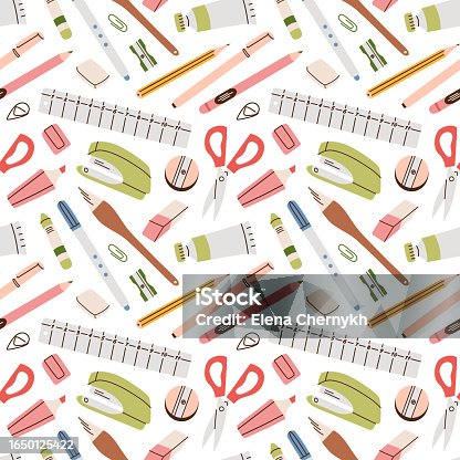 istock School supplies, hand drawn seamless pattern, doodle colored ornament of stationery icons, vector illustrations of pencils, rulers 1650125422