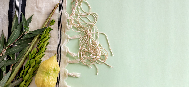 Sukkot festival symbols on light green background. Still life.