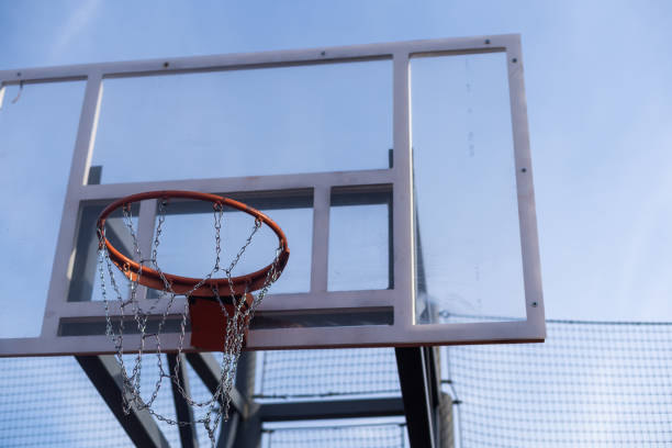 istock New basketball board with basket on blue sky background 1650165534