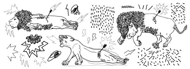 Vector illustration of Graphic resources with contemporary style of illustrations, lions and hand drawn graphic resources. Line sculpture illustration for t-shirt prints, posters, stickers