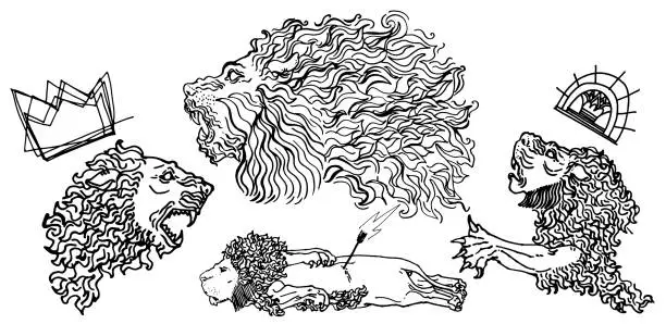 Vector illustration of Hand drawn mesopotamian inspired lion illustration graphic resources. Line sculpture illustration for t-shirt prints, posters, stickers
