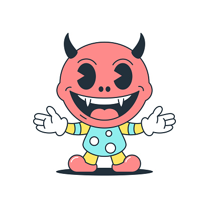 Funny baby devil cute little horned monster greeting gesture cartoon character retro 30s animation style icon vector flat illustration. Cheerful evil scary smile creature fairy demon mascot emoticon