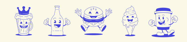 jídlo, nápoj, kreslené postavičky, sada pivní láhve, hamburger, zmrzlina, káva, retro, 30s čára, grafika, ikona, vektor - fiktivní postava stock ilustrace