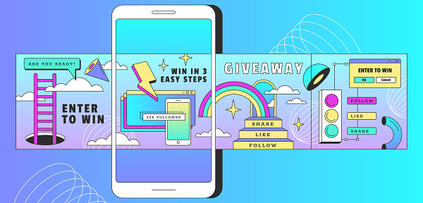 Instagram post carousel template banners. Internet application on the screen of smartphone device. Design background for social media. Mockup of the mobile app with stickers flat vector illustration