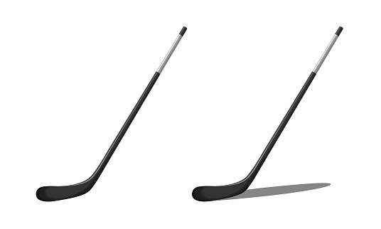 Ice hockey stick isolated on white with shadow. Black tool with white handle. Realistic vector element for sport design, professional hockey event banner or winter outdoor activitie illustration.