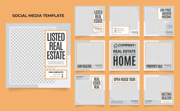 Vector illustration of social media template banner house architecture service promotion. fully editable square post frame puzzle organic sale poster