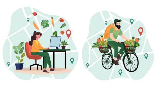 Vector illustration of Online order, Courier on bike delivers fresh vegetables and fruits from a virtual grocery market. Ecological fast delivery home and office. Online order tracking. Vector illustration.