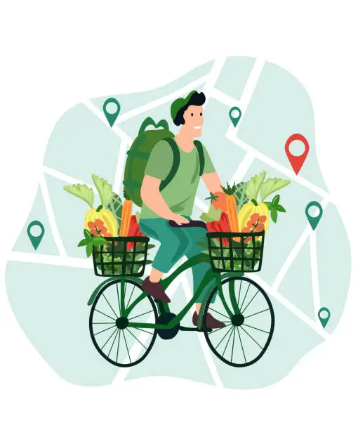 Vector illustration of Online order, Courier on bike delivers fresh vegetables and fruits from a virtual grocery market. Ecological fast delivery home and office. Online order tracking. Vector illustration.