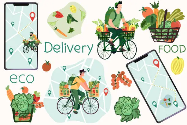 Vector illustration of Online order, Courier on bike delivers fresh vegetables and fruits from a virtual grocery market. Mobile app to order grocery. Ecological fast delivery home and office. Vector illustration.