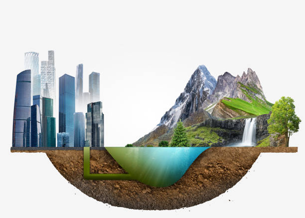 istock sewage system. Dirty water pollution connected with fresh river water. acid waste. Petrol disaster. Lack of fresh drinking. Nature landscape and building skyline. isometric diagram design. 1650215430