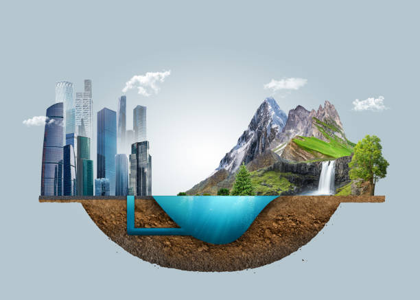 sewage treatment for water purification and filtering outline concept. nature landscape. fresh water river. 3d diagram. building skyline. - sewage pond imagens e fotografias de stock