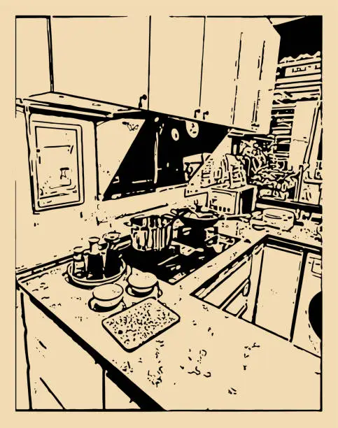 Vector illustration of outline style interior kitchen scene illustration