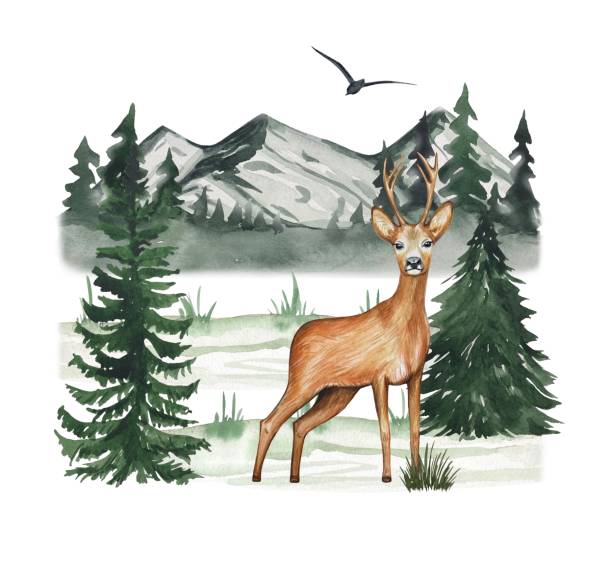 istock Watercolor composition with forest animals. Deer, green trees, pine, mountains, bird. Forest  landscape 1650232955