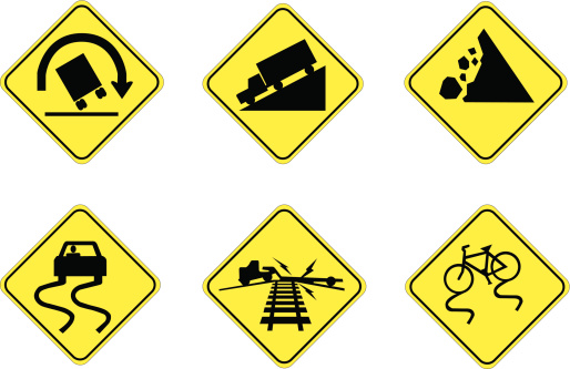 Common traffic signs warning of road hazards.  Illustrator file included.