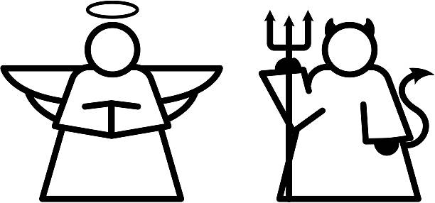 Angel & Devil icons (vector) Cute angel and devil icons in vector format cartoon of the devils pitch fork stock illustrations