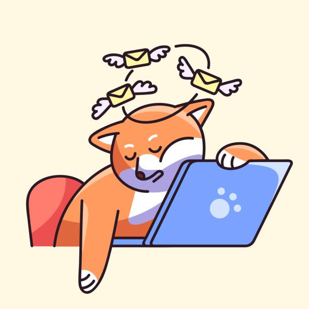 ilustrações de stock, clip art, desenhos animados e ícones de dog sleep on laptop concept. cute shiba tired of answering mails, reply messages. worker rests on freelance, puppy relaxes on pause, procrastination on online work. flat isolated vector illustration - animal cute exhaustion technology