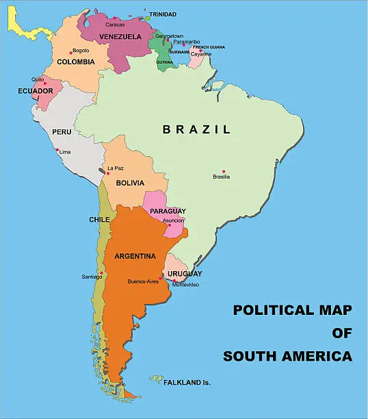 Vector illustration of political map of south america in vector format