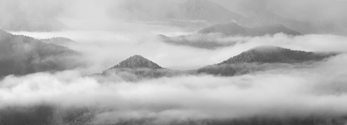A thick fog covered the mountains, black and white landscape, panorama nature