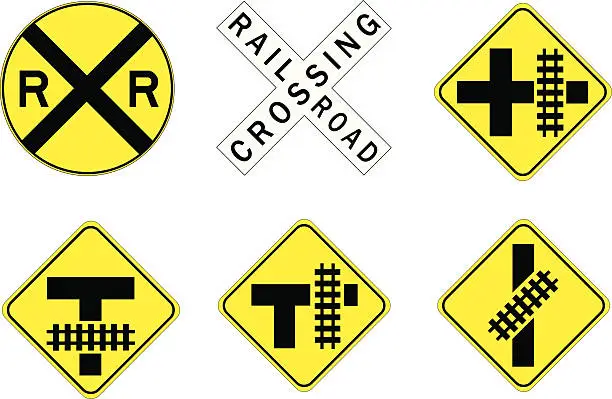 Vector illustration of Six railway crossing road signs on yellow and black