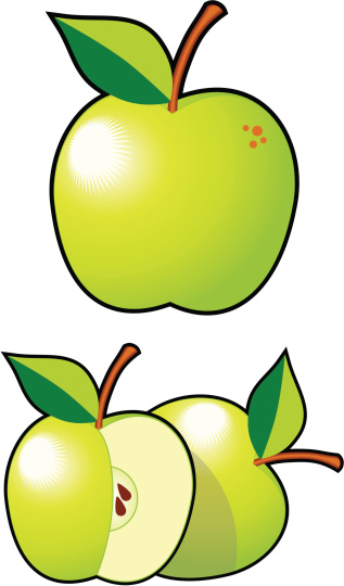 A set of apples: one main illustration and a version with two apples of which one is missing a slice. Created in Freehand MX