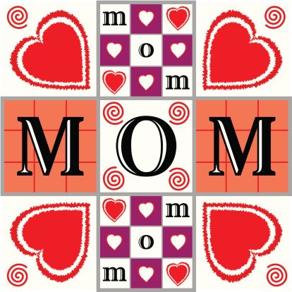 This “mom” illustration was created with thoughts of Mother’s Day. Tic tac toe and checkerboard patterns are used to show combinations of hearts, swirls, and “mom” text. This square-shaped design primarily uses red, purple, and peach colors on a white background.