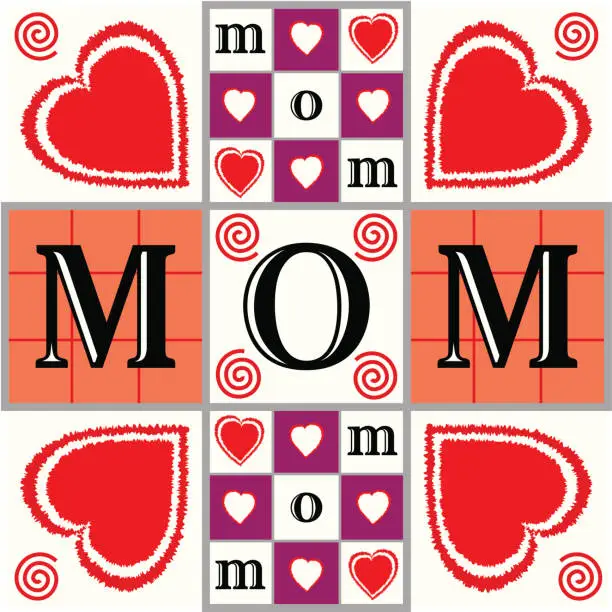 Vector illustration of Mom Illustration with Hearts, Checkerboards, and Tic Tac Toe Patterns