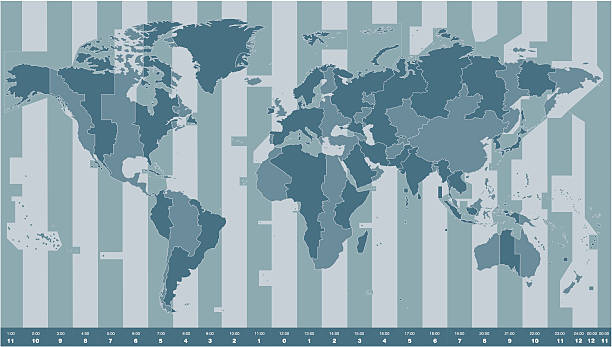 ilustraciones, imágenes clip art, dibujos animados e iconos de stock de zonas horarias mapa mundial - mapa de husos horarios
