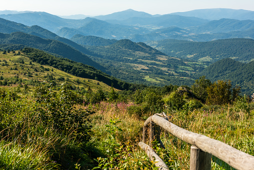 Trekking trial trough wilderness and scenic nature at summer in Bieszczady Mountains, Carpathians, Poland.