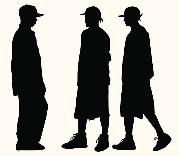 Hip Hop Fashion Teens ( Vector ) Boys in baggy clothes, baseball cap and sneakers. Silhouette. do rag stock illustrations