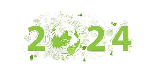 2024 новый год, экологически чистый, концепция планирования устойчивого развития с глобусом и всемирным экологическим зеленым рисунком знач - rescue energy tree earth stock illustrations