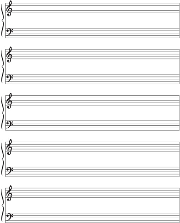 Full blank sheet of music in the piano staff (both streble and bass)  This is adeal for piano score and lead sheets.
