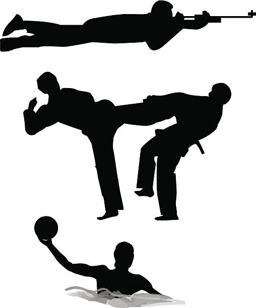 Shooting, Martial Art and water-polo Black silhouette vector on a white background. Shooting, Martial Arts (taekwondo, judo, karate...) and water-polo.  blackbelt stock illustrations