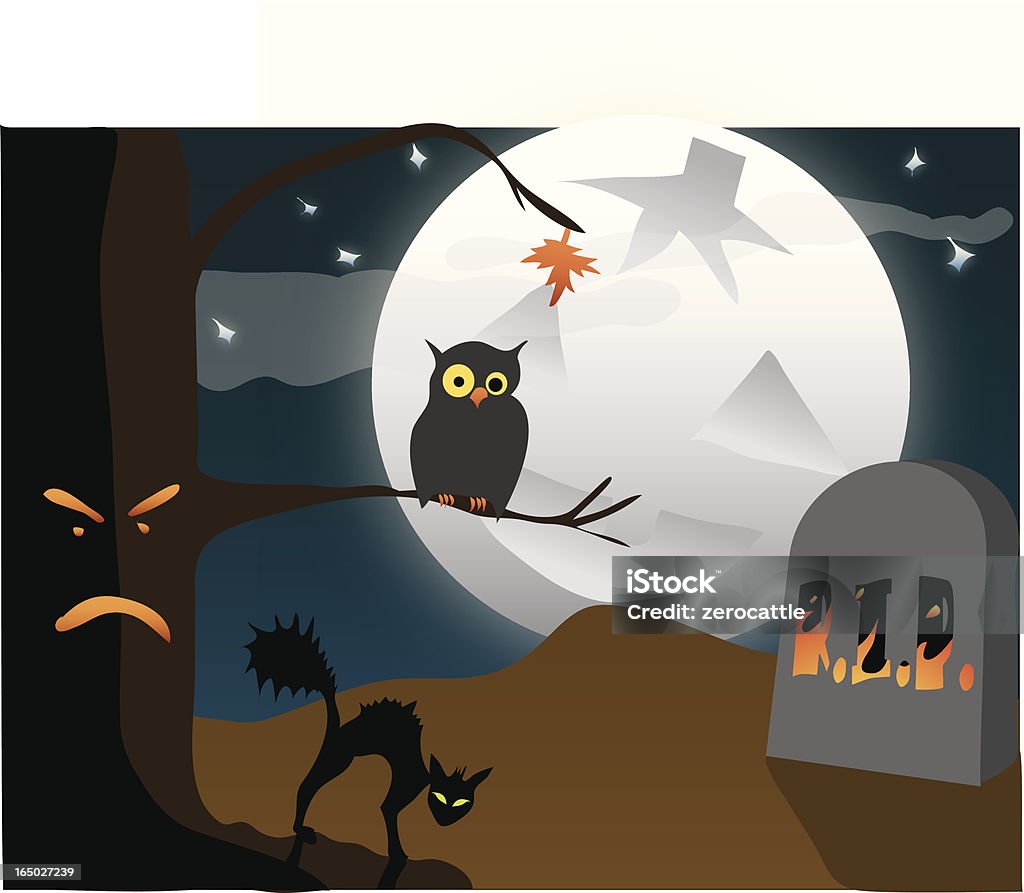 Hallowe'en or Halloween Scene Hallowe'en night (or all hallows eve?) arrives with a full moon, a spooky cat, grumpy tree and spooked owl while a gravestone indicates the inhabitant of the grave isn't having a sunny after life. Boo! Animal stock vector