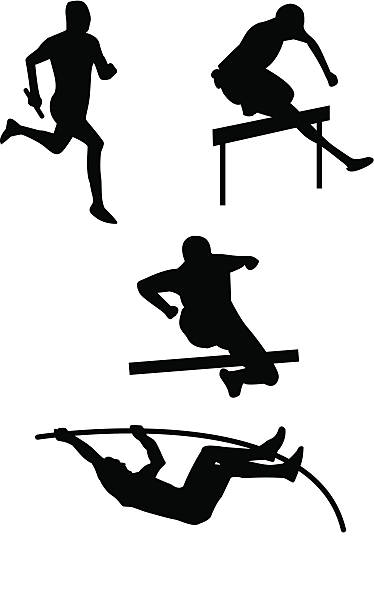 Athletics Black silhouette vector on a white background. Athletics (relays, hurdling, pole vault, steeplechase...) heptathlon stock illustrations