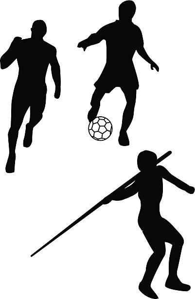 Running, soccer and Javelin Black silhouettes vectors on a white background. Athletics ( running, sprints, middle-distance running, long-distance running, javelin ...) and soccer.  4 x 10 kilometer stock illustrations