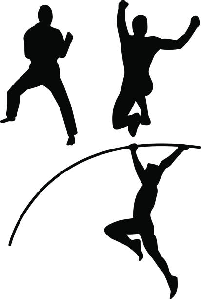 Martial Arts and Athletics Black silhouette vector on a white background. Athletics ( high jump, hurdles, triple jump, pole vault ...) taekwondo,  Judo. heptathlon stock illustrations