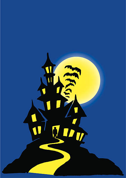 Cartoon of a black haunted house with a rising yellow moon vector art illustration