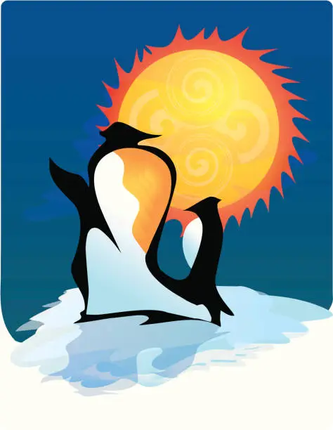 Vector illustration of Penguins at Sunset