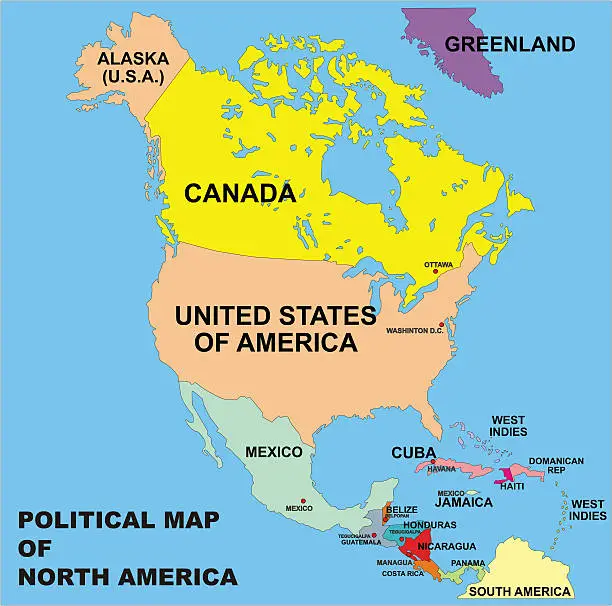 Vector illustration of political map of north america in vector format
