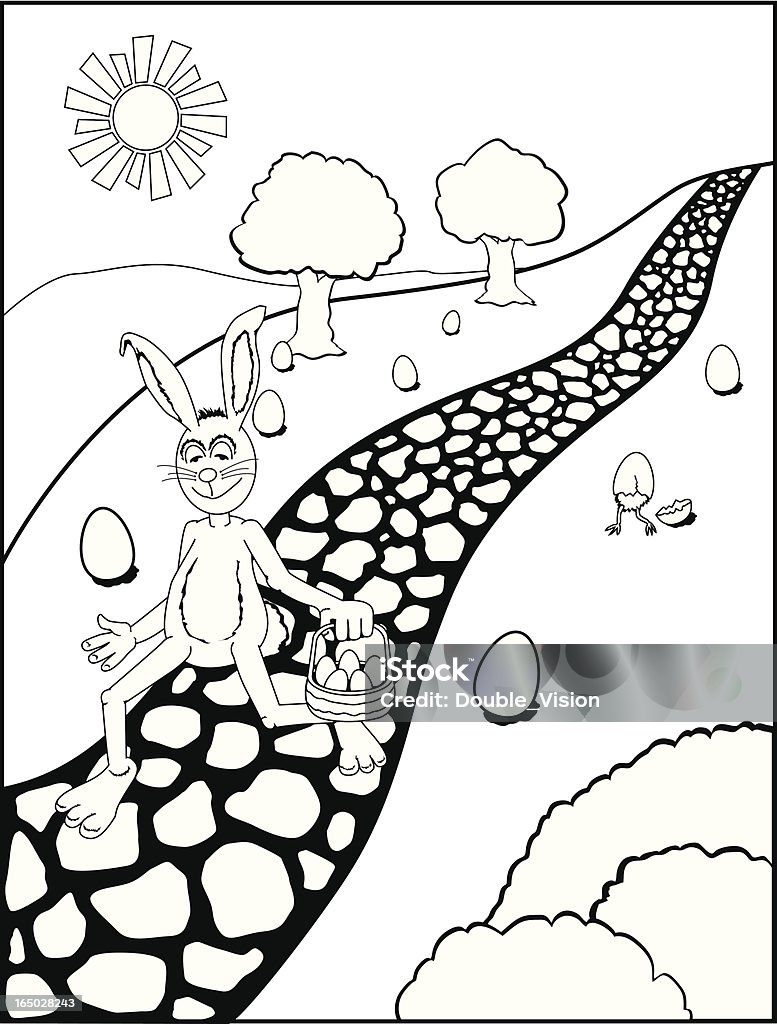 Черно-белые иллюстрации: Пасхальный кролик и яйца на каменные пути - Векторная графика Пасха роялти-фри