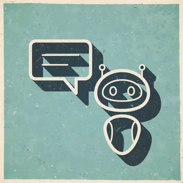 Vector illustration of Chatbot with speech bubble. Icon in retro vintage style - Old textured paper