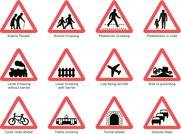 brytanii znaki drogowe: ludzie i transportu na białym tle - warning triangle triangle car warning sign stock illustrations