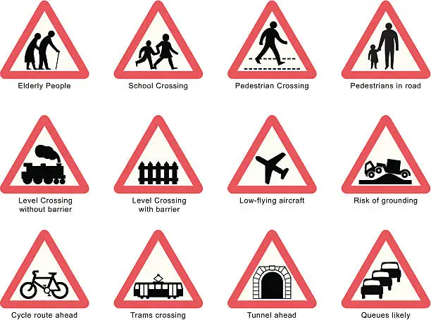 Vector illustration of UK road signs: People and Transport isolated on white