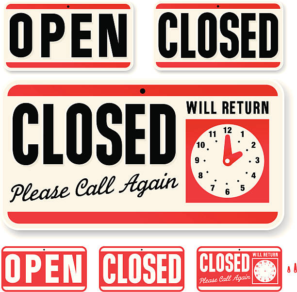ilustraciones, imágenes clip art, dibujos animados e iconos de stock de letrero de tienda: abierto cerrado regresará - clock face store time sign